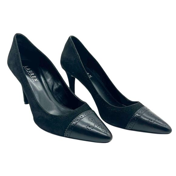 Lauren Ralph Lauren Pumps Black Suede Leather Wingtip Stiletto - Picture 8 of 9